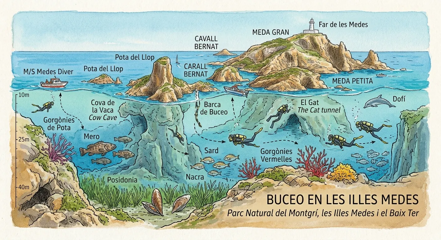 Ilustración del buceo en las islas Medes