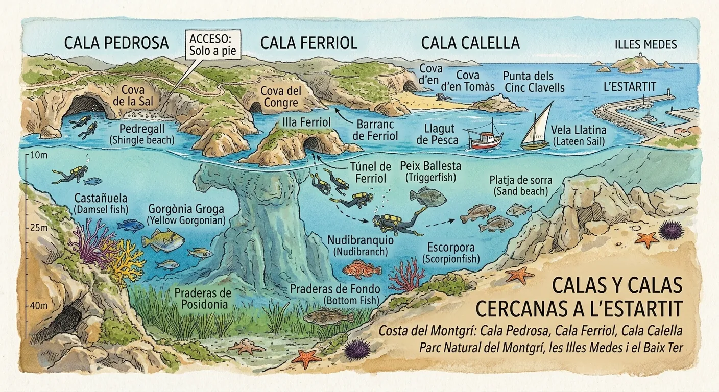 Ilustración de las calas Pedrosa, Ferriol y Calella